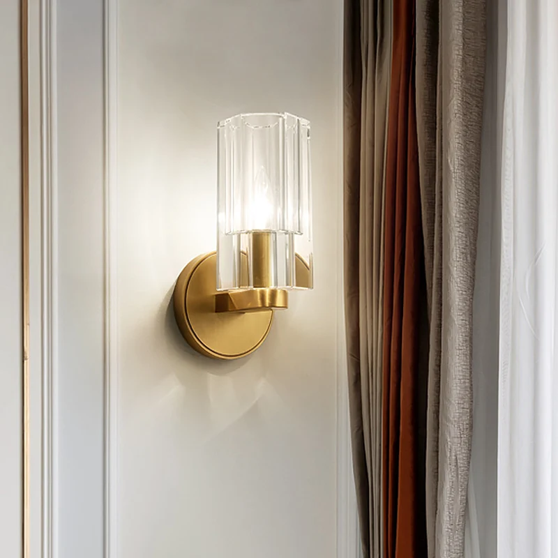 1 hoofd nachtkastje muurverlichting ideeën modernisme messing wandmontage lamp met cilindrische K9 kristallen kap Clearhalo