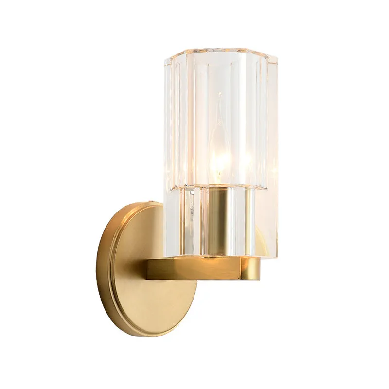 1 hoofd nachtkastje muurverlichting ideeën modernisme messing wandmontage lamp met cilindrische K9 kristallen kap Clearhalo