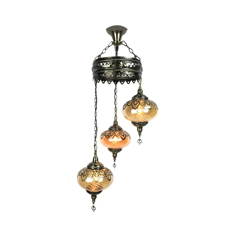 3/5 Hoofden Amber Swirl Glazen Hanglamp Traditionele Bronzen Ovale Woonkamer Hangende Kroonluchter Clearhalo