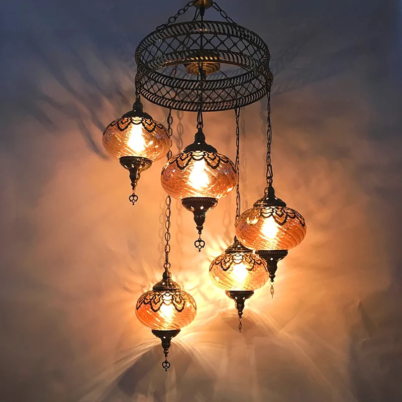 3/5 Hoofden Amber Swirl Glazen Hanglamp Traditionele Bronzen Ovale Woonkamer Hangende Kroonluchter Clearhalo
