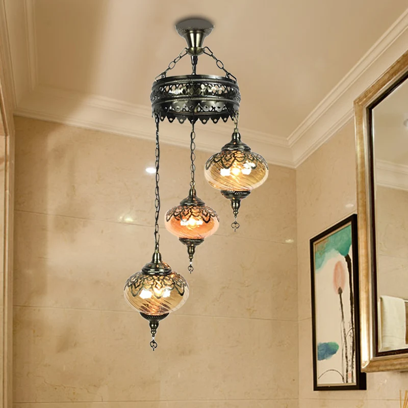 3/5 Hoofden Amber Swirl Glazen Hanglamp Traditionele Bronzen Ovale Woonkamer Hangende Kroonluchter Clearhalo