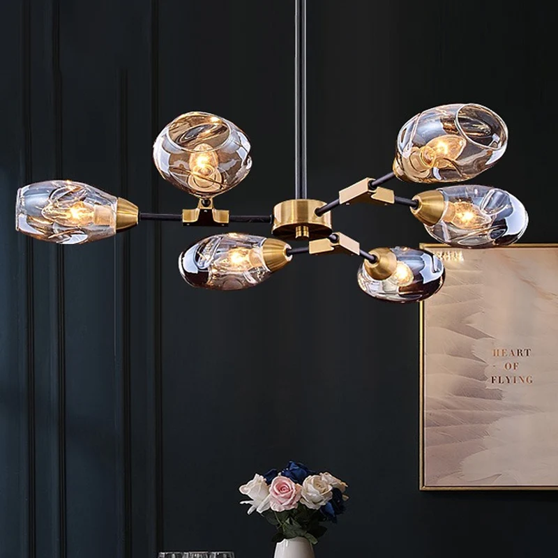 6 hoofden eetkamer hangende kroonluchter moderne zwarte en gouden hanglamp met kop ingedeukte geblazen glazen kap Clearhalo