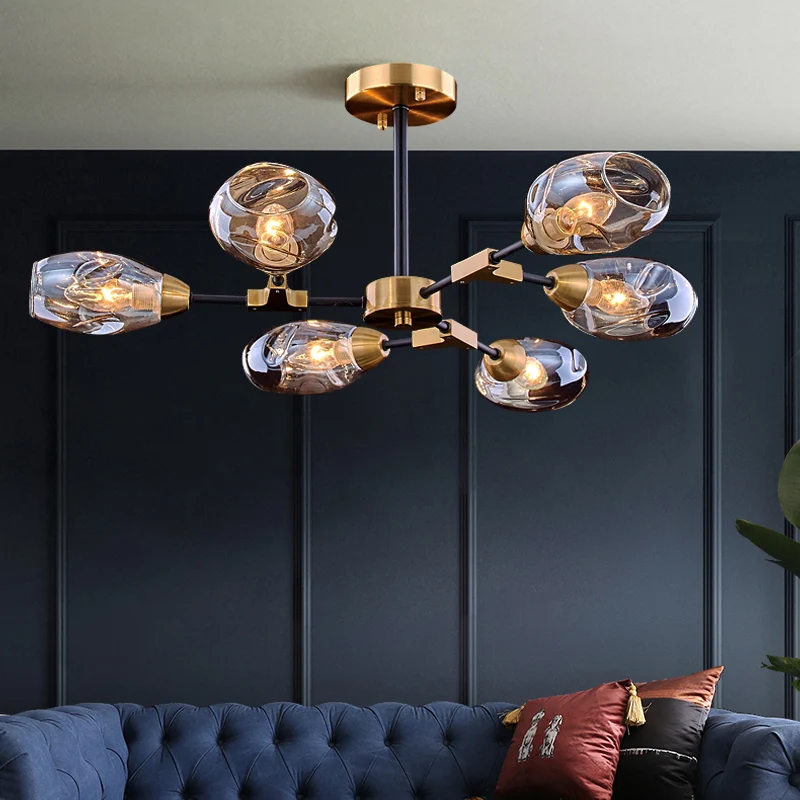 6 hoofden eetkamer hangende kroonluchter moderne zwarte en gouden hanglamp met kop ingedeukte geblazen glazen kap Clearhalo