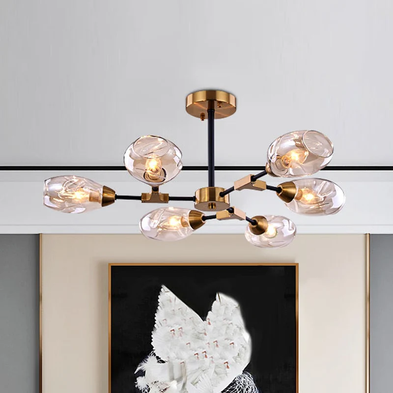 6 hoofden eetkamer hangende kroonluchter moderne zwarte en gouden hanglamp met kop ingedeukte geblazen glazen kap Clearhalo