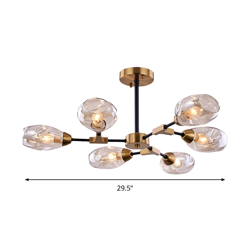 6 hoofden eetkamer hangende kroonluchter moderne zwarte en gouden hanglamp met kop ingedeukte geblazen glazen kap Clearhalo