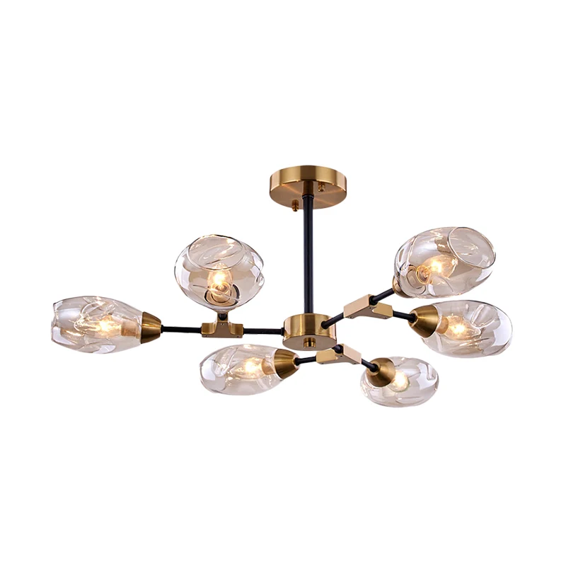 6 hoofden eetkamer hangende kroonluchter moderne zwarte en gouden hanglamp met kop ingedeukte geblazen glazen kap Clearhalo