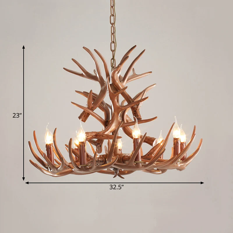 9 hoofden gewei plafondkroonluchter boerderij bruine hars hangende verlichtingsarmatuur voor restaurant, 23"/27" breed Cle...