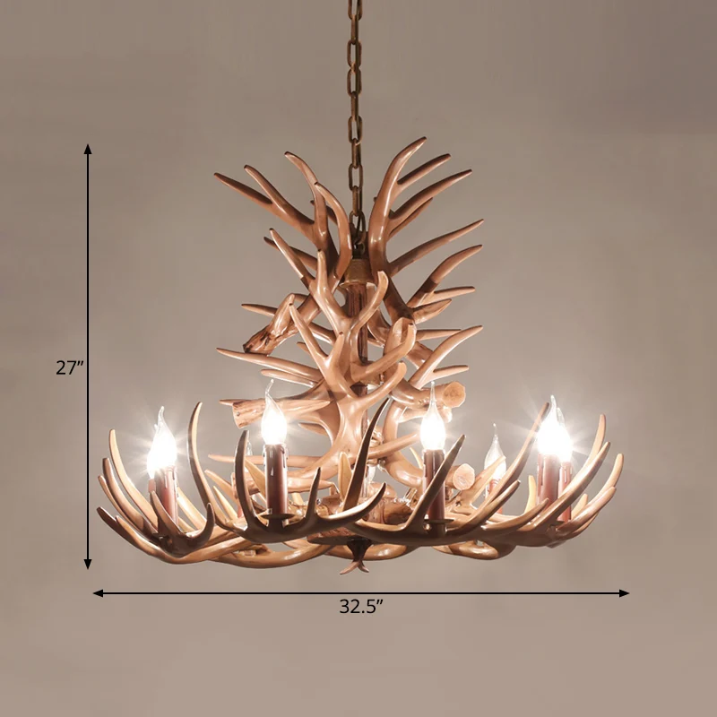 9 hoofden gewei plafondkroonluchter boerderij bruine hars hangende verlichtingsarmatuur voor restaurant, 23"/27" breed Cle...