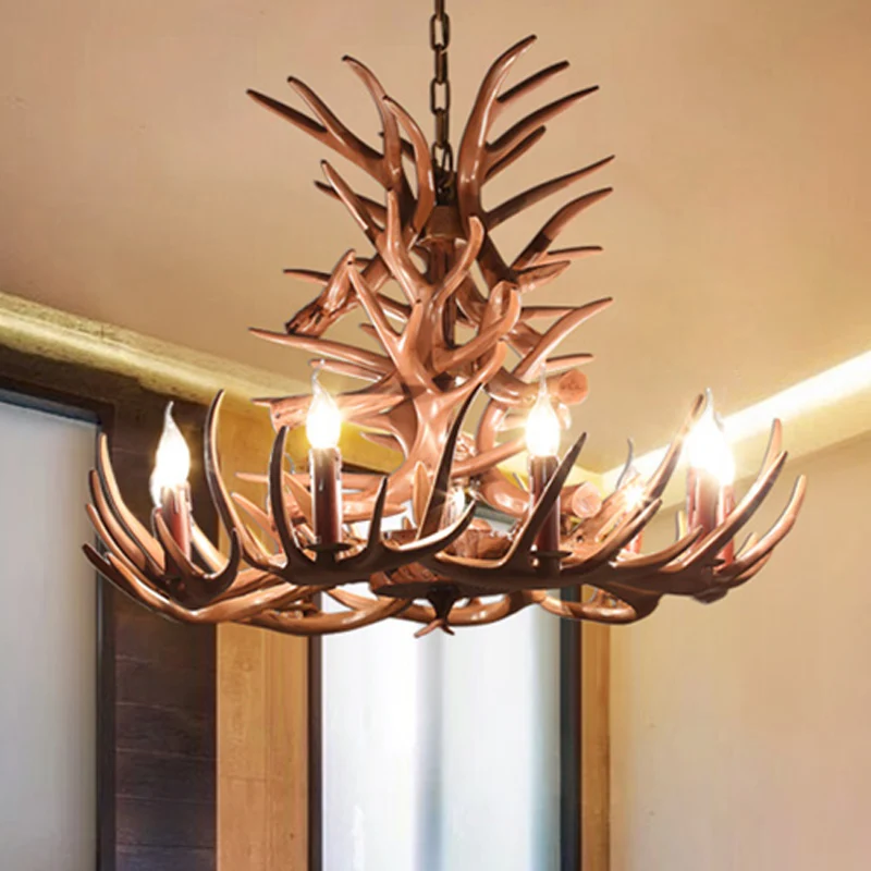 9 hoofden gewei plafondkroonluchter boerderij bruine hars hangende verlichtingsarmatuur voor restaurant, 23"/27" breed Cle...