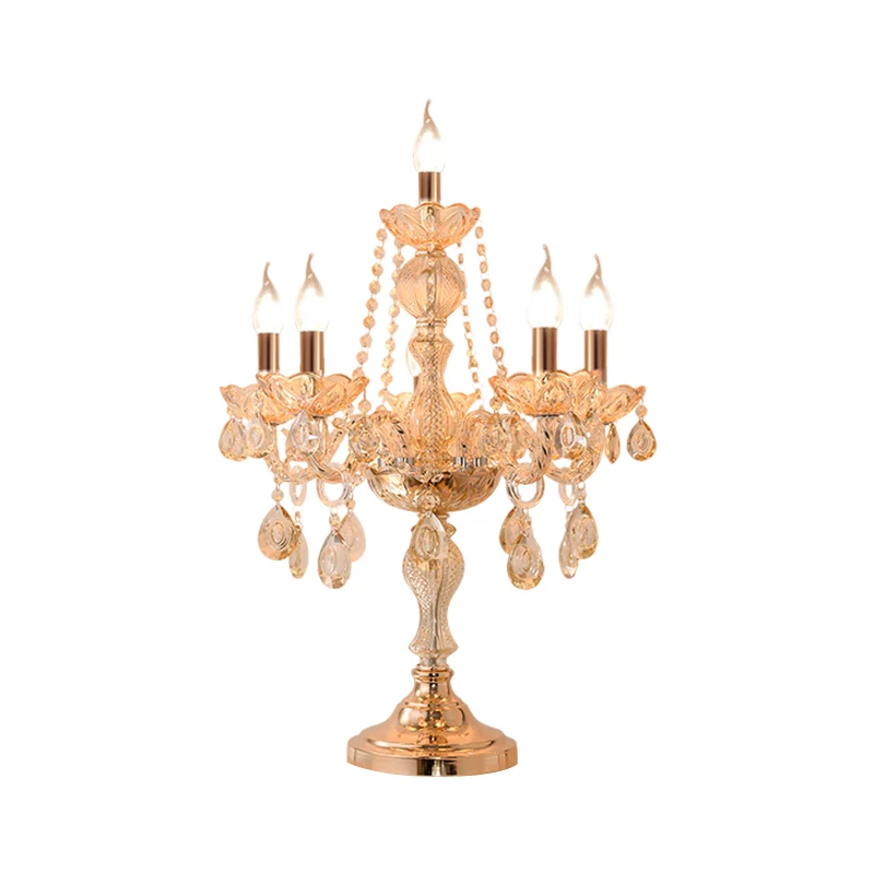5/6 Hoofden Kandelaar Tafellamp Traditionele Gouden Kristallen Druppeltjes Nachtkastje Lamp met/zonder Witte Bel Stoffen S...