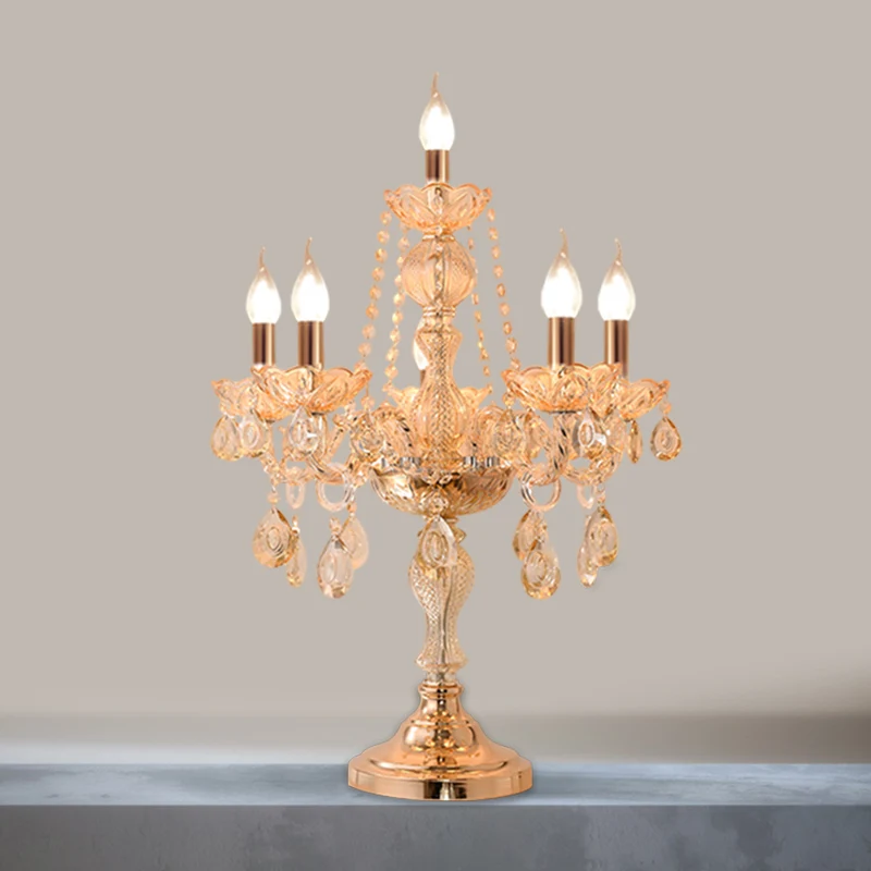 5/6 Hoofden Kandelaar Tafellamp Traditionele Gouden Kristallen Druppeltjes Nachtkastje Lamp met/zonder Witte Bel Stoffen S...