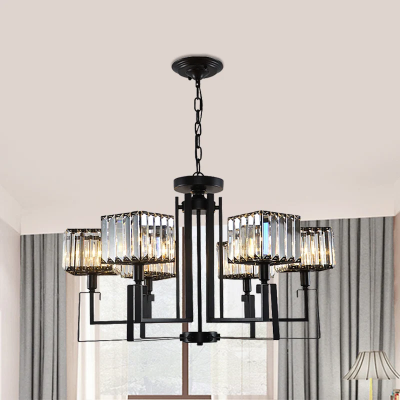 6/8 hoofden krom metalen frame hanglamp moderne zwarte heldere kristallen kubieke schaduw kroonluchterverlichting Clearhalo