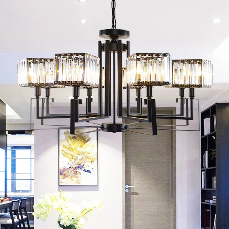 6/8 hoofden krom metalen frame hanglamp moderne zwarte heldere kristallen kubieke schaduw kroonluchterverlichting Clearhalo