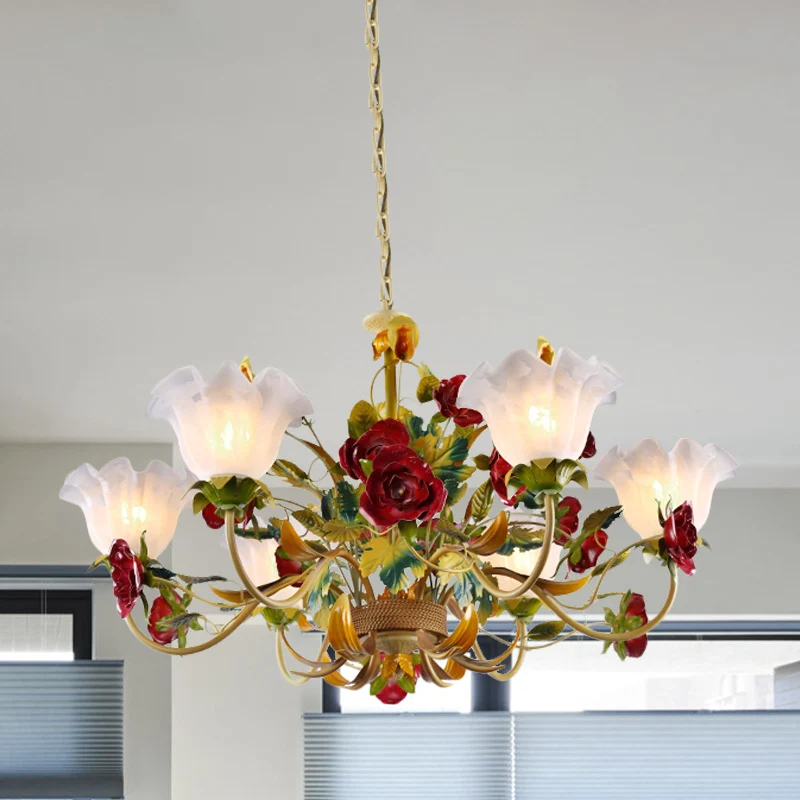 6/8 hoofden plafondophangarmatuur platteland bloei ivoor glazen hangende kroonluchter lichtbruin Clearhalo