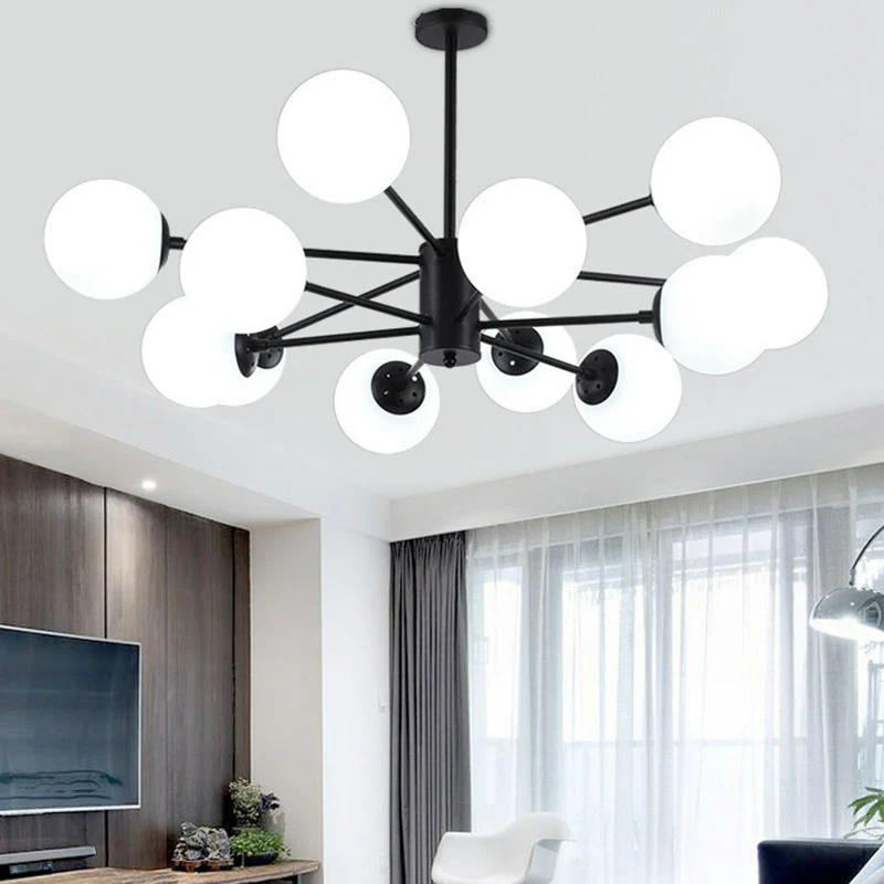 12 hoofden woonkamer kroonluchter moderne zwarte plafondlamp met bolglazen kap Clearhalo