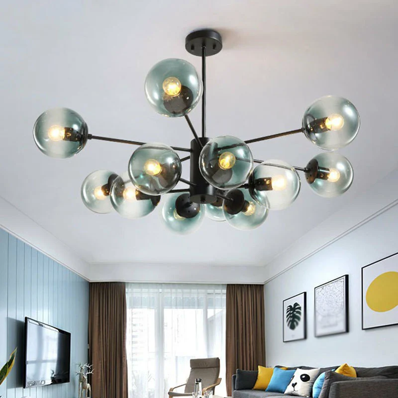 12 hoofden woonkamer kroonluchter moderne zwarte plafondlamp met bolglazen kap Clearhalo