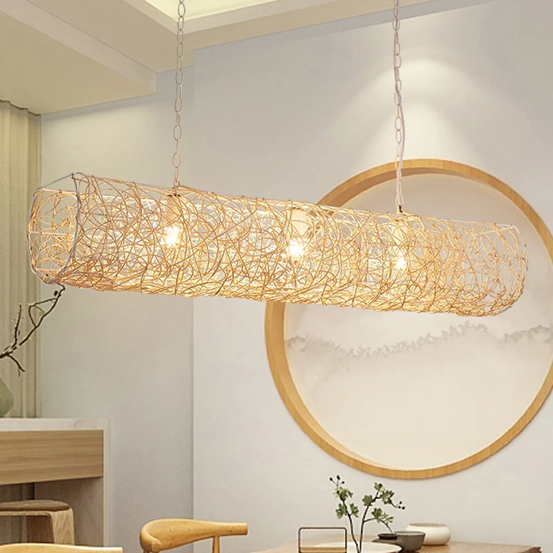 Horizontale hanglamp met witte biezen, eigentijdse 3-lichts hanglamp van bamboerotan Clearhalo