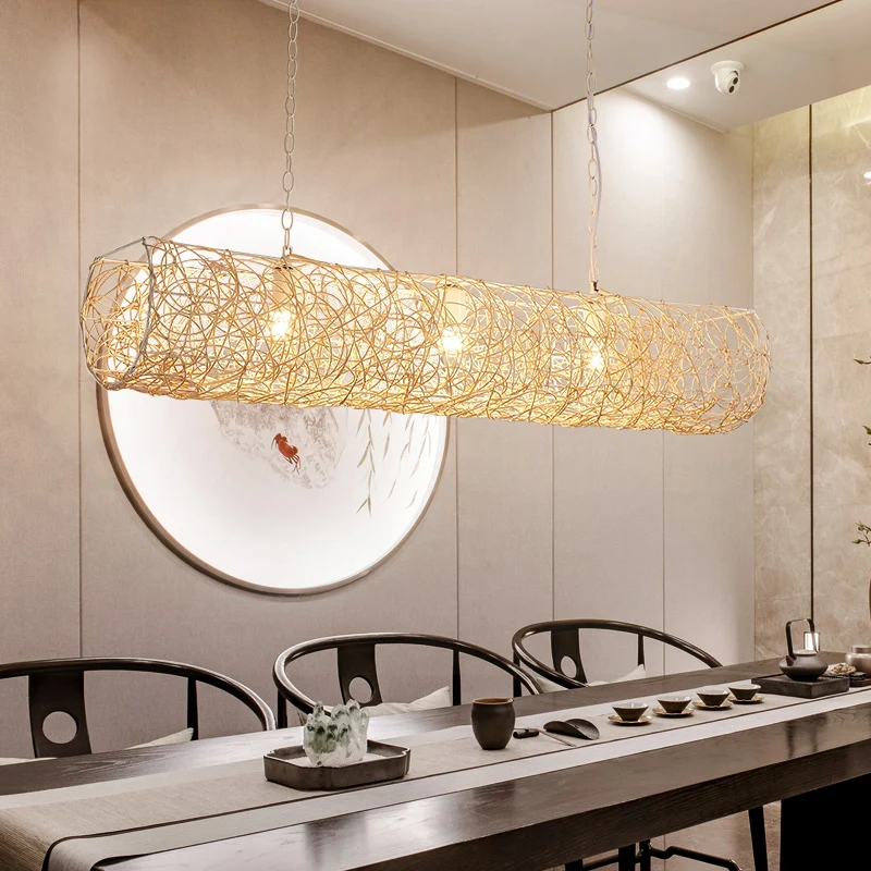Horizontale hanglamp met witte biezen, eigentijdse 3-lichts hanglamp van bamboerotan Clearhalo