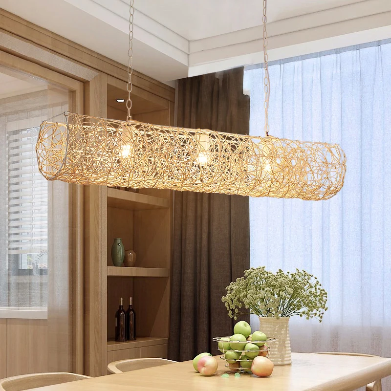 Horizontale hanglamp met witte biezen, eigentijdse 3-lichts hanglamp van bamboerotan Clearhalo
