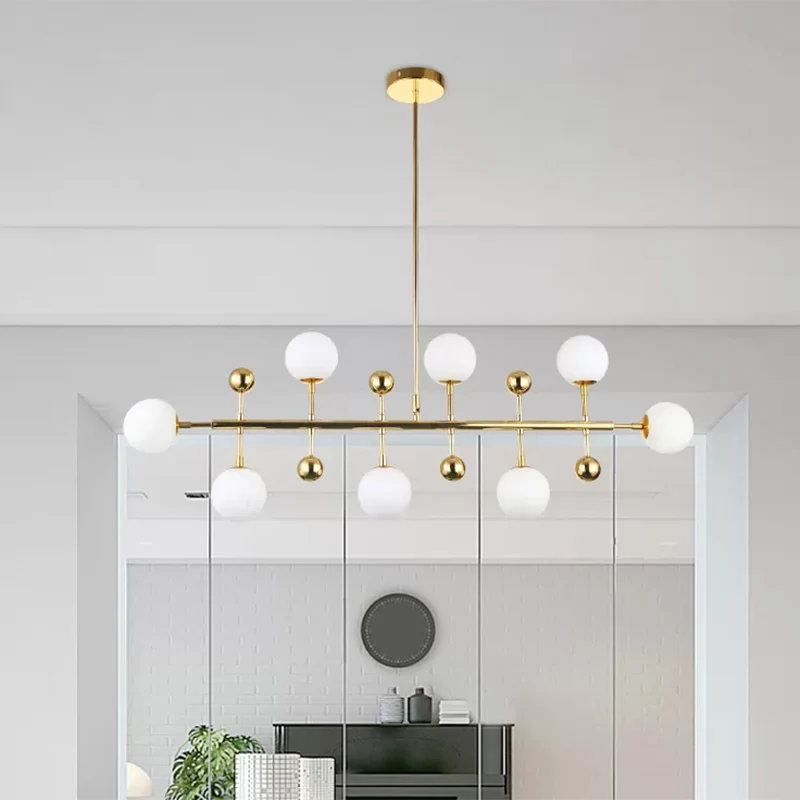 Hotel Ball Shade Lineaire Kroonluchter Opaalglas 8 Lichten Moderne Gouden Plafondhanger Clearhalo