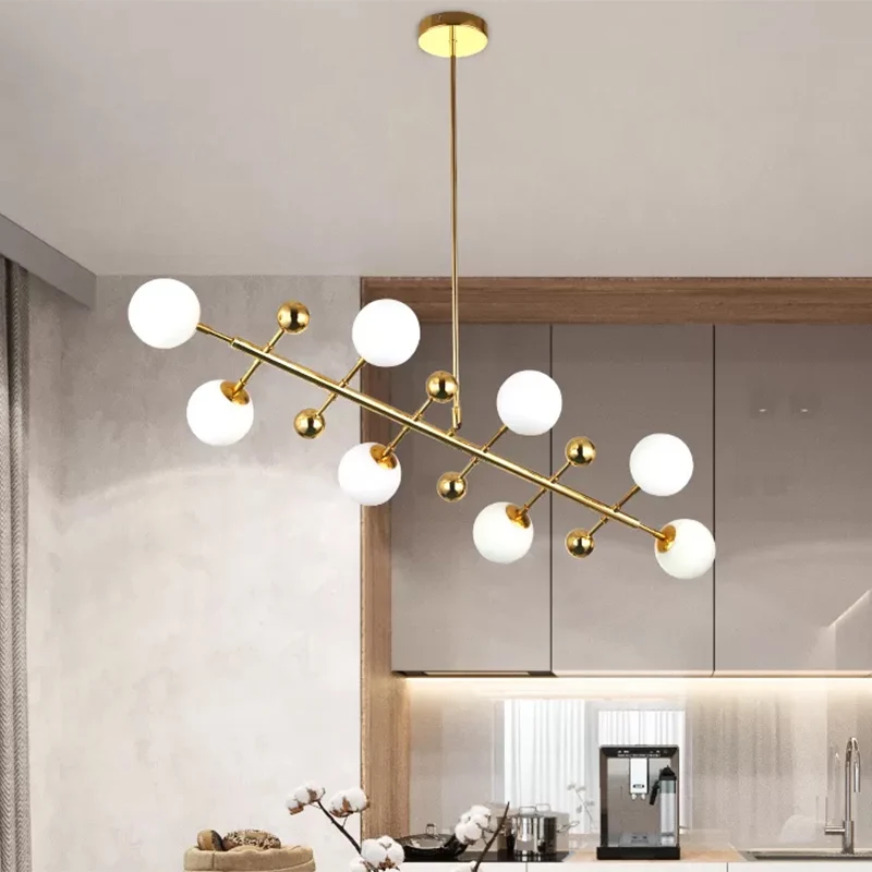 Hotel Ball Shade Lineaire Kroonluchter Opaalglas 8 Lichten Moderne Gouden Plafondhanger Clearhalo