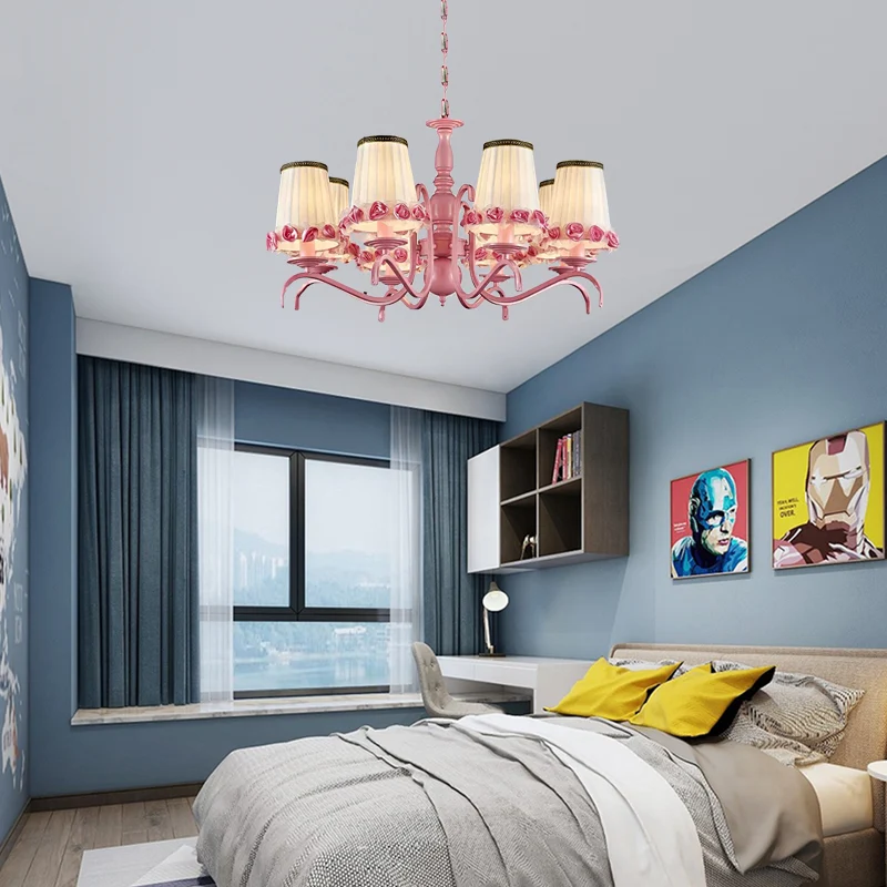 Hotel Fold taps toelopende schaduwkroonluchter met bloemmetaal 8 lampen moderne roze hanglamp Clearhalo