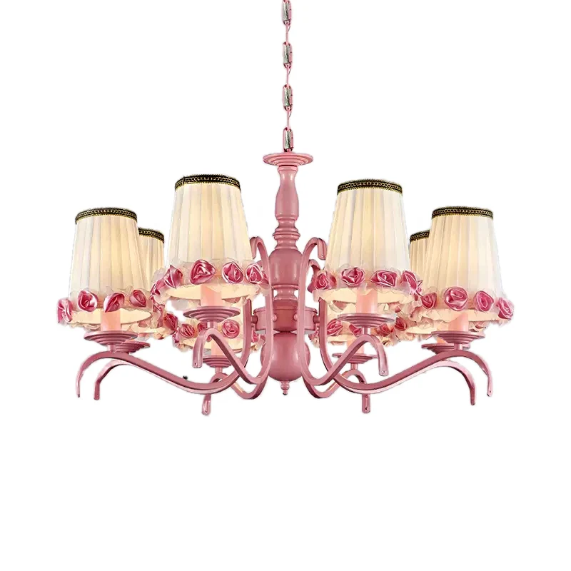 Hotel Fold taps toelopende schaduwkroonluchter met bloemmetaal 8 lampen moderne roze hanglamp Clearhalo