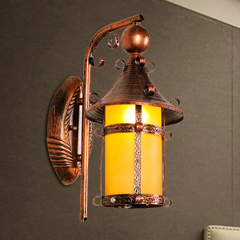 House Corridor Wandlamp Geel Glas 1-lichts Vintage wandlamp met gebogen arm verweerd koper Clearhalo