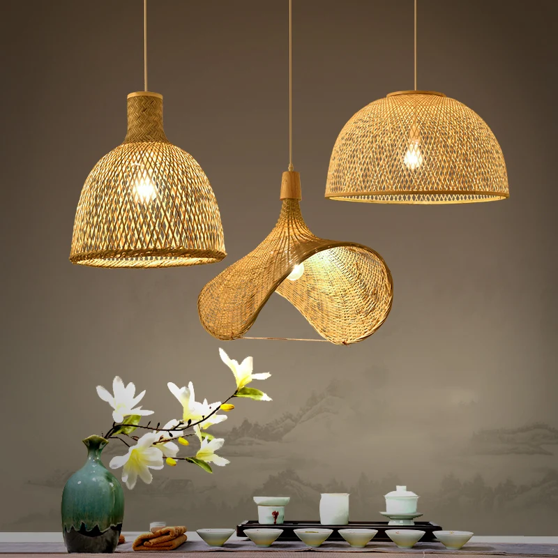 Hout geweven ophangverlichting Eenvoud 1-lichts bamboe hanglamp voor theesalon Clearhalo