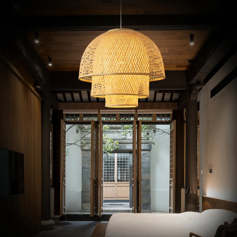 Hout geweven ophangverlichting Eenvoud 1-lichts bamboe hanglamp voor theesalon Clearhalo