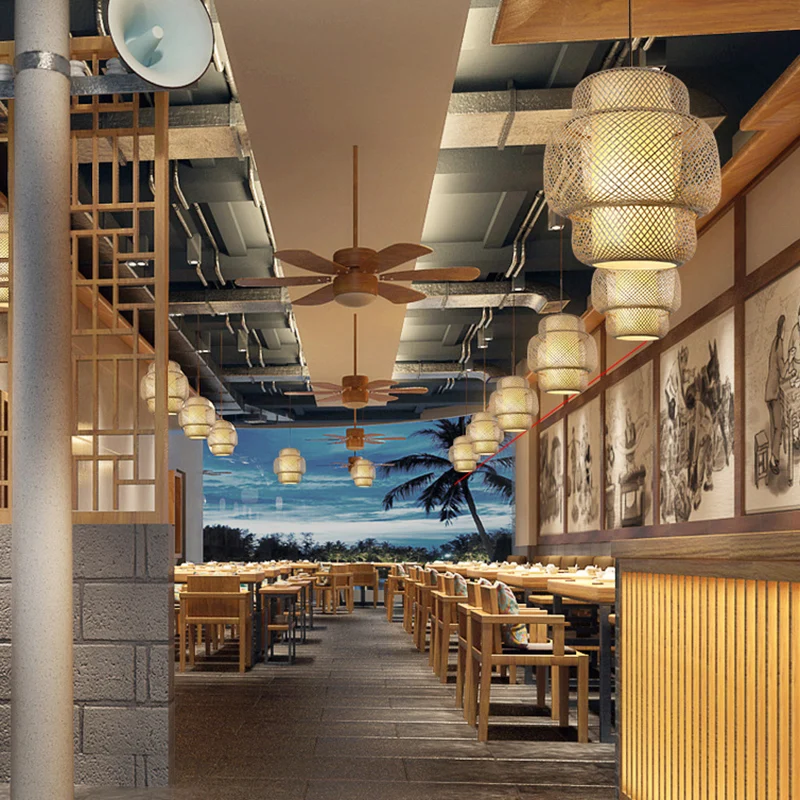 Hout geweven ophangverlichting Minimalistische enkele bamboe hangende plafondlamp voor restaurant Clearhalo