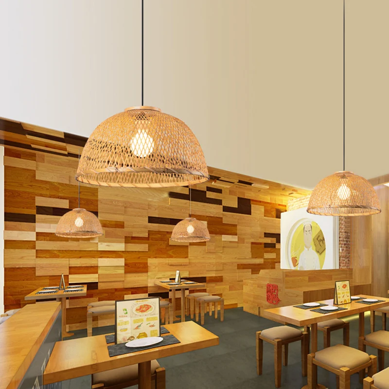 Hout geweven ophangverlichting Minimalistische enkele bamboe hangende plafondlamp voor restaurant Clearhalo