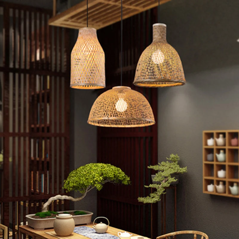 Hout geweven ophangverlichting Minimalistische enkele bamboe hangende plafondlamp voor restaurant Clearhalo