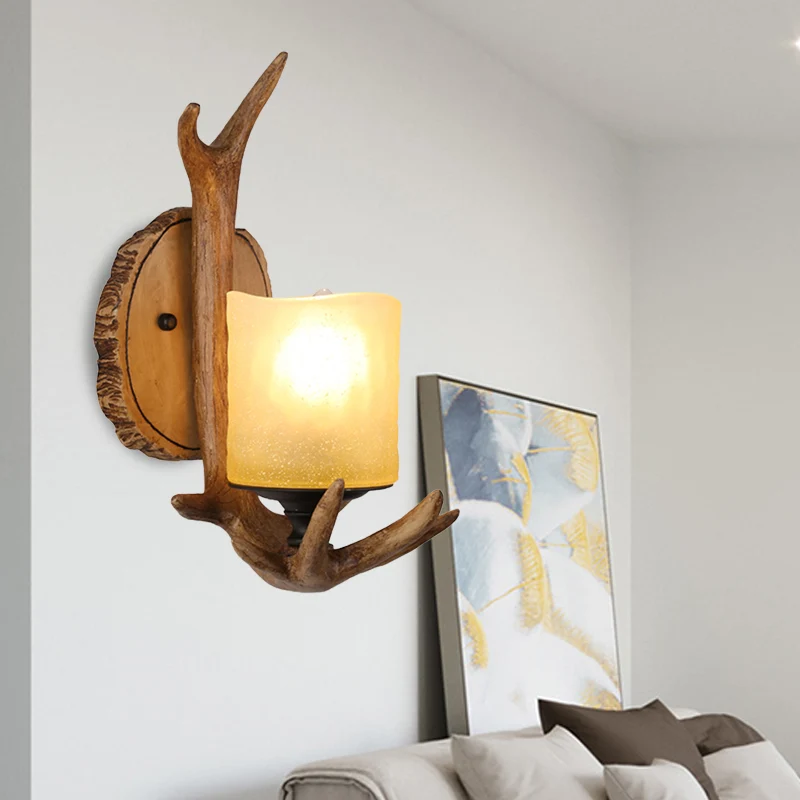Hout 1 licht schans licht land hars gewei wandverlichting armatuur voor woonkamer met matglazen kap Clearhalo