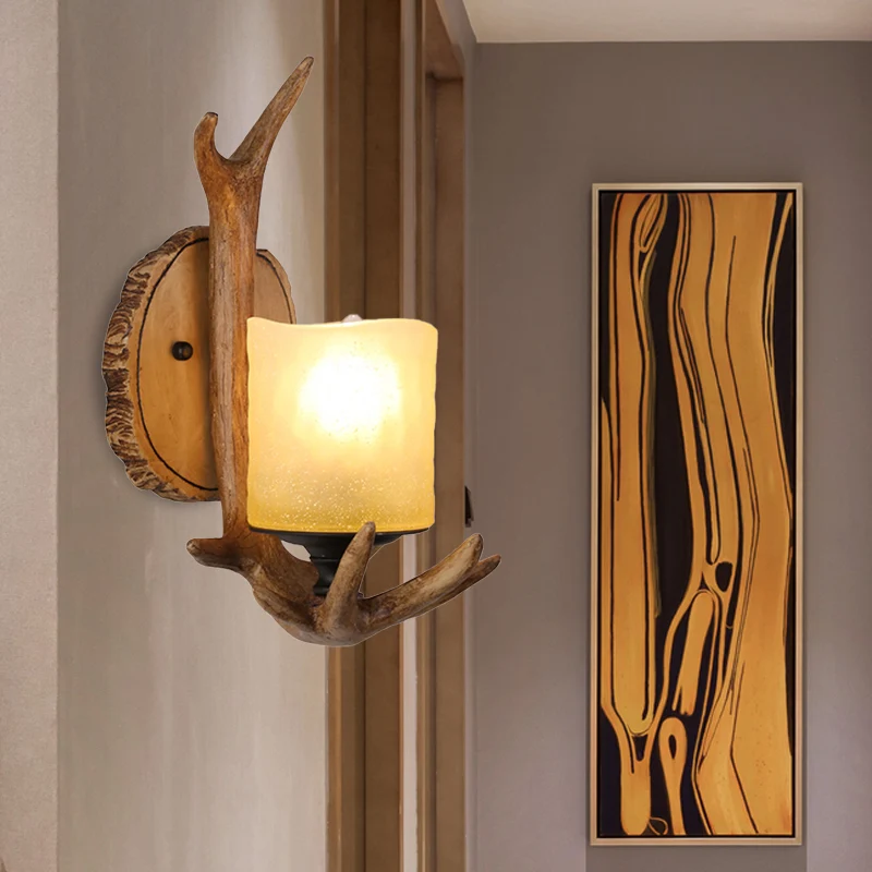 Hout 1 licht schans licht land hars gewei wandverlichting armatuur voor woonkamer met matglazen kap Clearhalo
