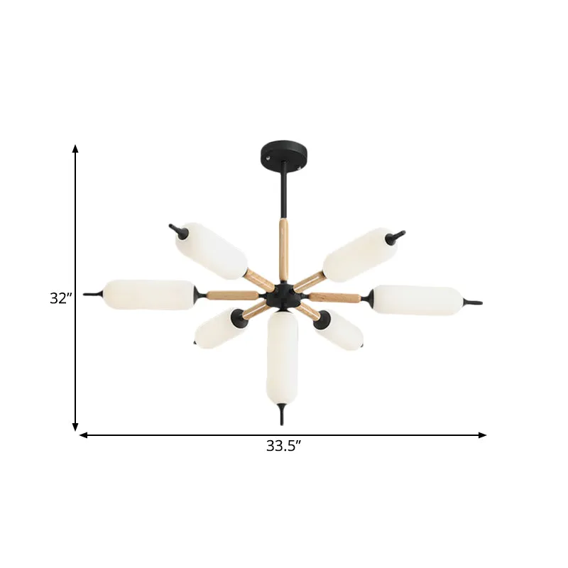 Houten barstkroonluchter, Scandinavische 7-lichts zwarte plafondophanglamp met cilindermatte glazen lampenkap Clearhalo