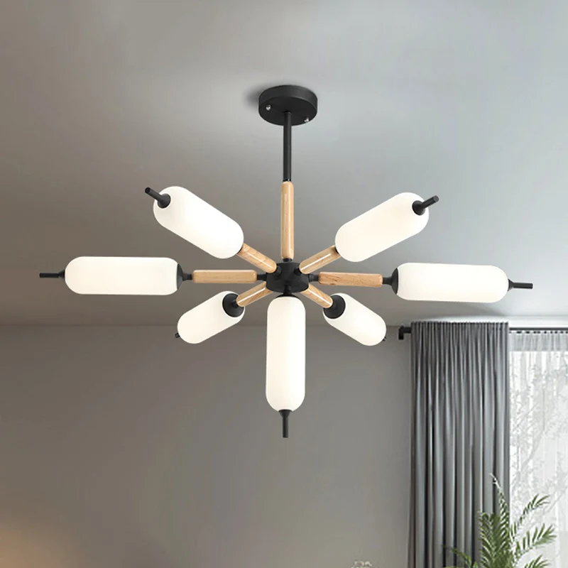 Houten barstkroonluchter, Scandinavische 7-lichts zwarte plafondophanglamp met cilindermatte glazen lampenkap Clearhalo