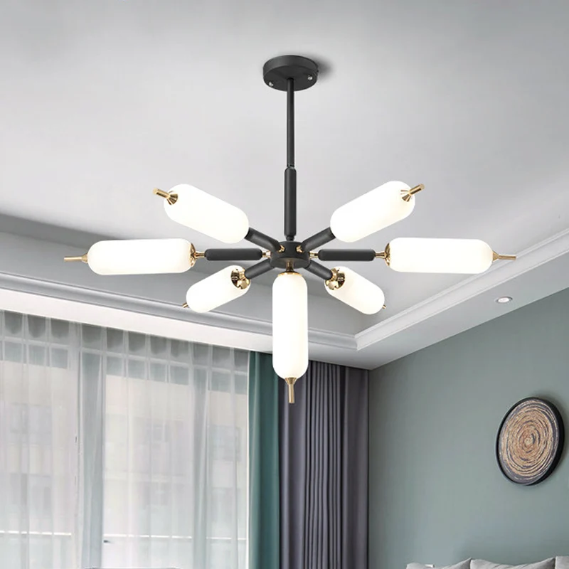 Houten barstkroonluchter, Scandinavische 7-lichts zwarte plafondophanglamp met cilindermatte glazen lampenkap Clearhalo
