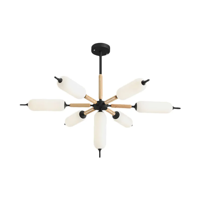 Houten barstkroonluchter, Scandinavische 7-lichts zwarte plafondophanglamp met cilindermatte glazen lampenkap Clearhalo