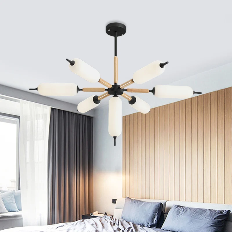 Houten barstkroonluchter, Scandinavische 7-lichts zwarte plafondophanglamp met cilindermatte glazen lampenkap Clearhalo