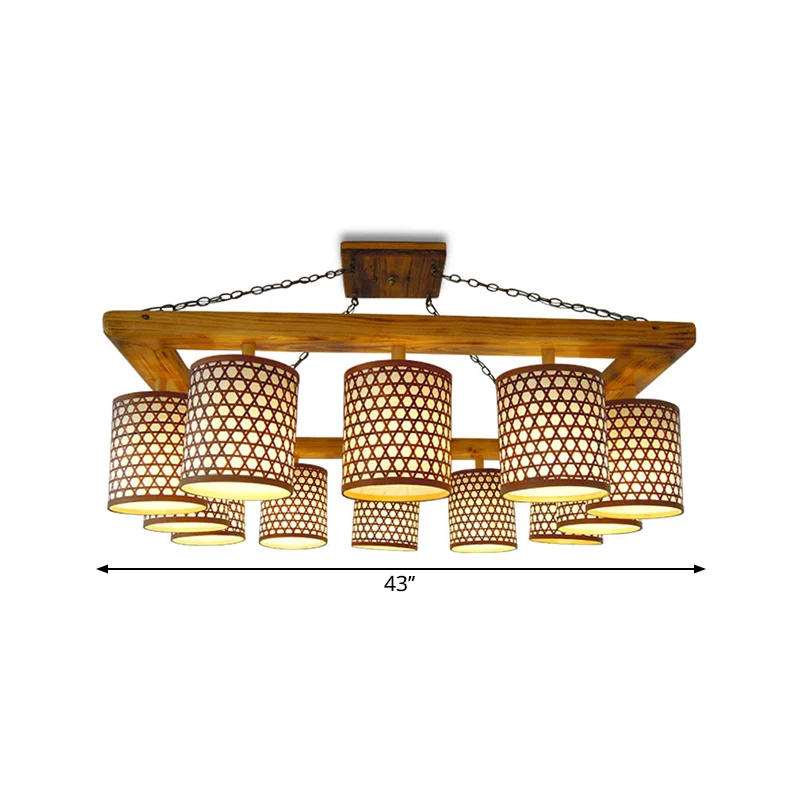 Houten cilinderplafondarmatuur boerderij 12-lichts semi-inbouwkroonluchter met langwerpig frame beige (de aanpassing duurt...