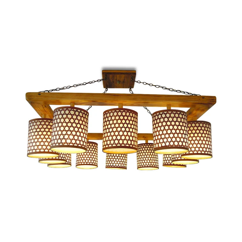 Houten cilinderplafondarmatuur boerderij 12-lichts semi-inbouwkroonluchter met langwerpig frame beige (de aanpassing duurt...