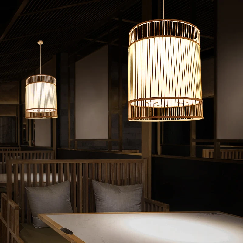 Houten cilinderplafondlamp Aziatische stijl 1-lichts bamboe hanglamp voor restaurant Clearhalo