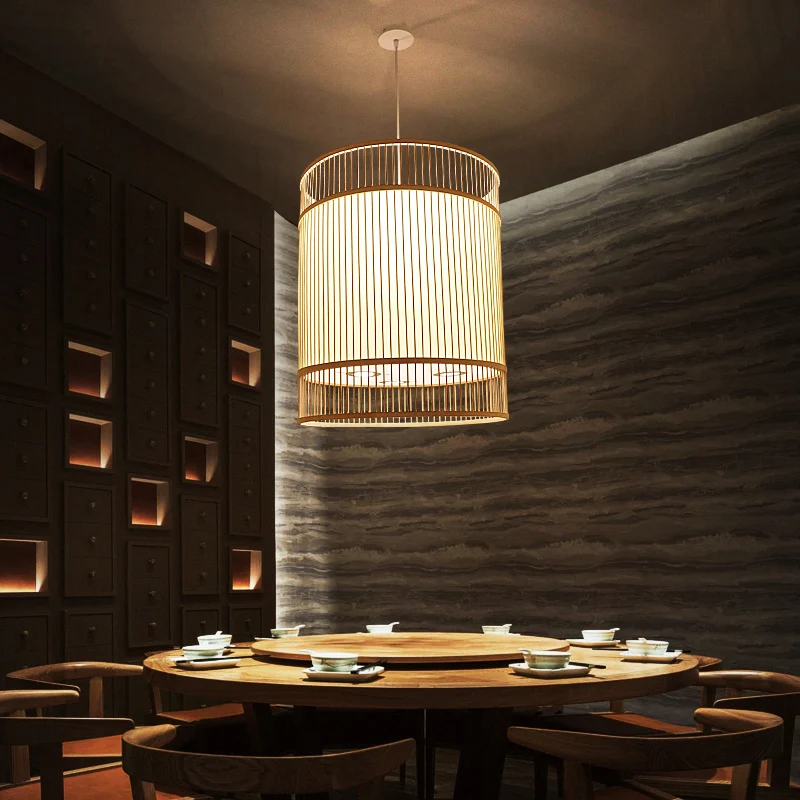 Houten cilinderplafondlamp Aziatische stijl 1-lichts bamboe hanglamp voor restaurant Clearhalo