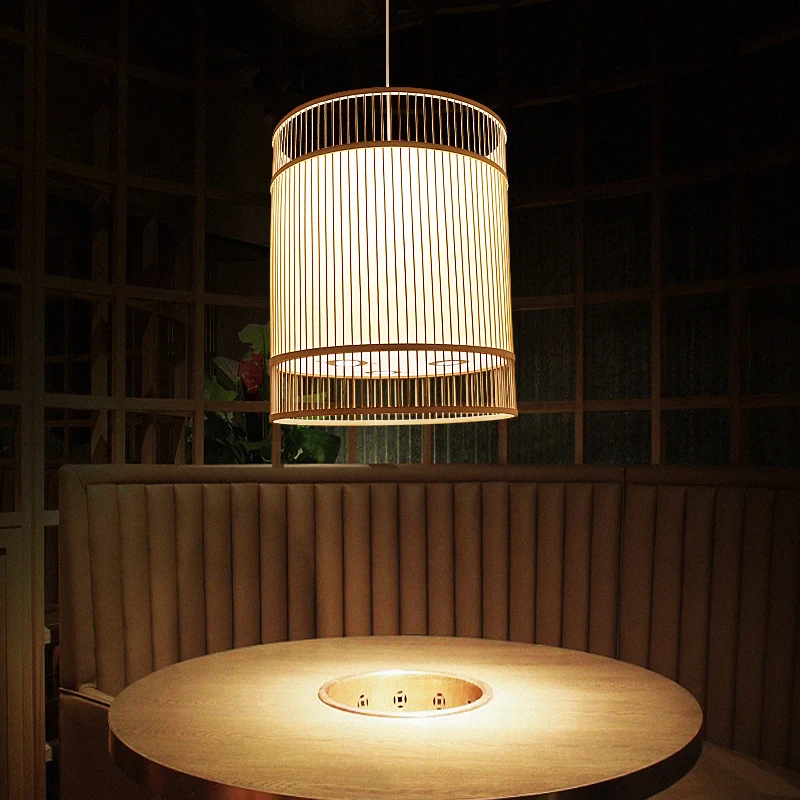 Houten cilinderplafondlamp Aziatische stijl 1-lichts bamboe hanglamp voor restaurant Clearhalo