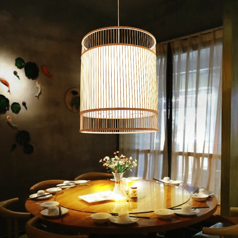Houten cilinderplafondlamp Aziatische stijl 1-lichts bamboe hanglamp voor restaurant Clearhalo