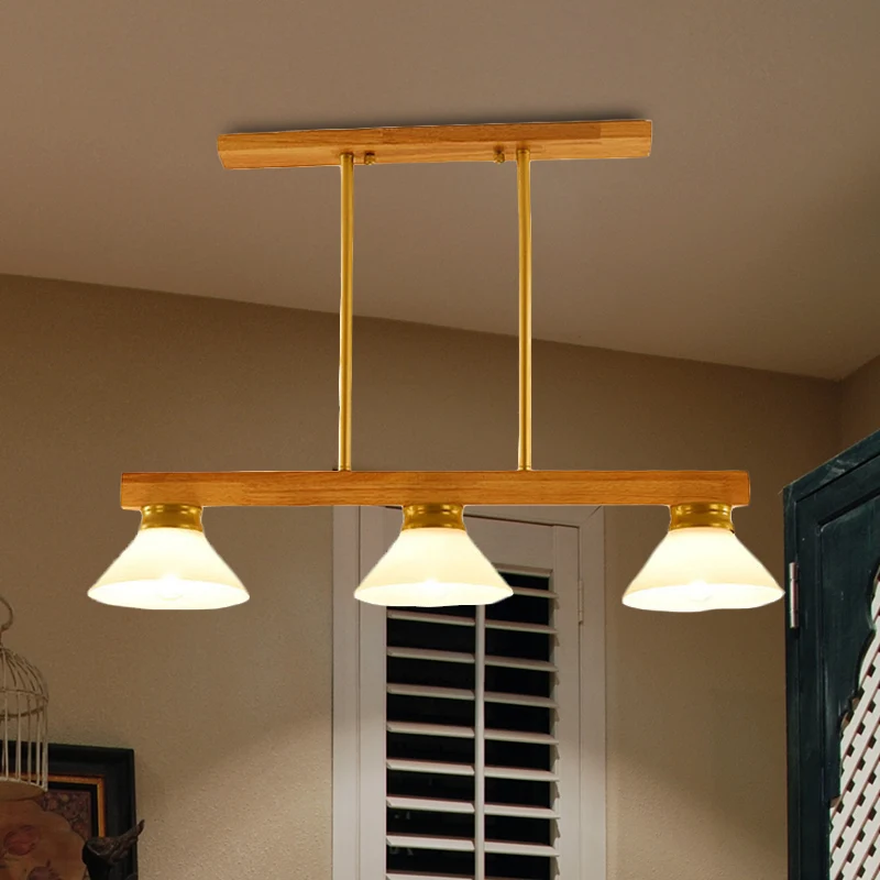 Houten Cone Shade Island-kroonluchter 3/4-kops lineaire hanglamp Scandinavische stijl boven het keukeneiland Clearhalo