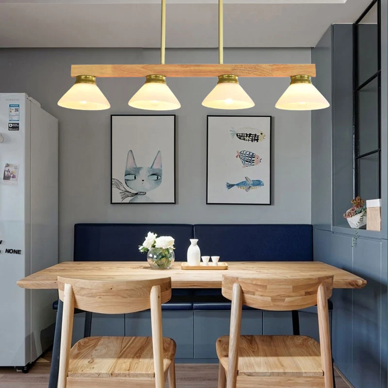 Houten Cone Shade Island-kroonluchter 3/4-kops lineaire hanglamp Scandinavische stijl boven het keukeneiland Clearhalo