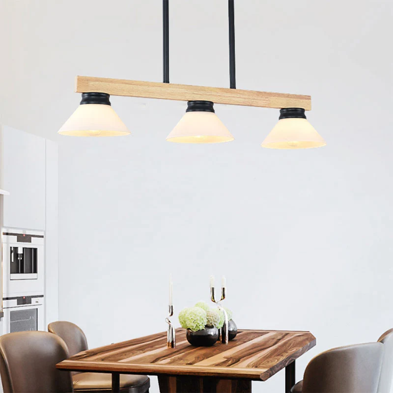 Houten Cone Shade Island-kroonluchter 3/4-kops lineaire hanglamp Scandinavische stijl boven het keukeneiland Clearhalo
