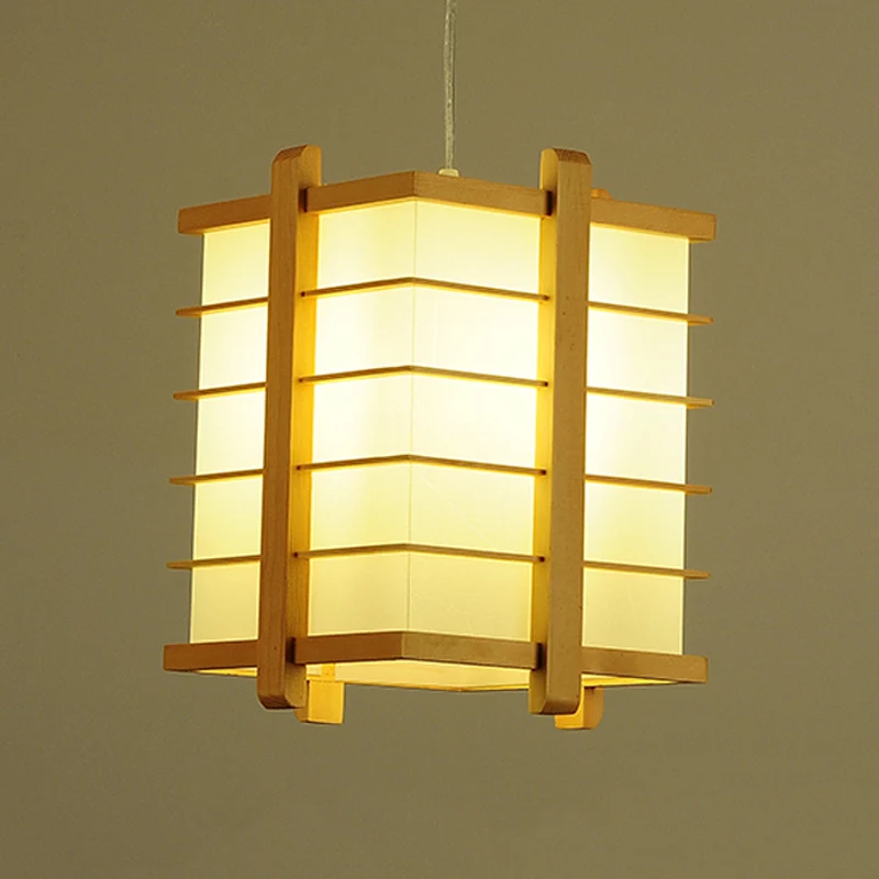Houten draadkooi kubusvormige hanglamp Japanse enkele plafondophanglamp beige Clearhalo